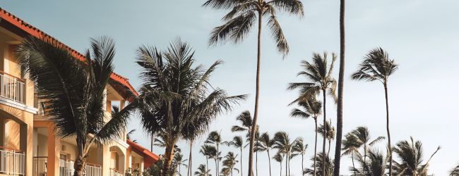 A serene tropical resort with a swimming pool surrounded by lounge chairs, palm trees, and a multi-story building under a clear sky.