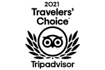 The image shows the "2021 Travelers' Choice" award from Tripadvisor, featuring an owl logo surrounded by laurel branches.