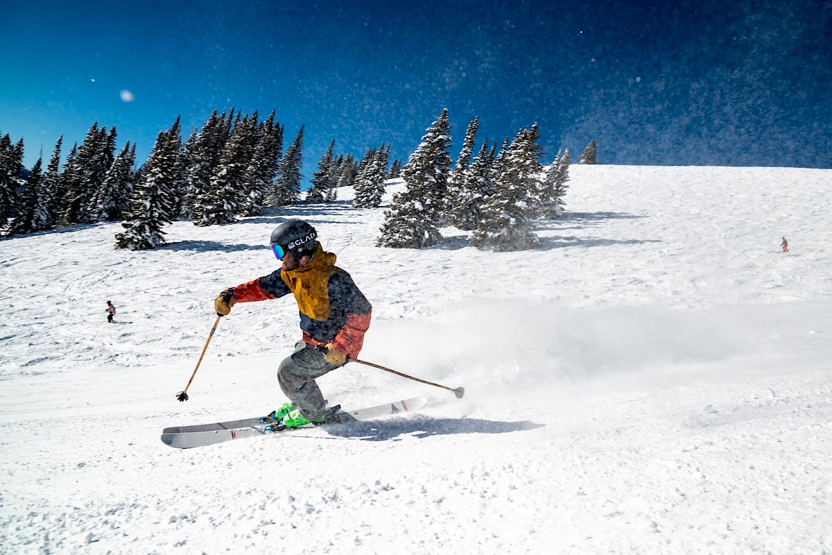 A skier glides downhill on a snowy slope, surrounded by snow-covered trees and a clear blue sky in the background.