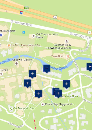 The image shows a map with several points of interest, including galleries, restaurants, recreational areas, and a creek running through it.