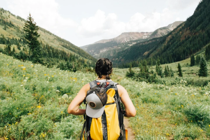 A hiker with a yellow backpack stands in a wildflower meadow, scenic mountains ahead, wearing a gray hat on a sunlit trail.